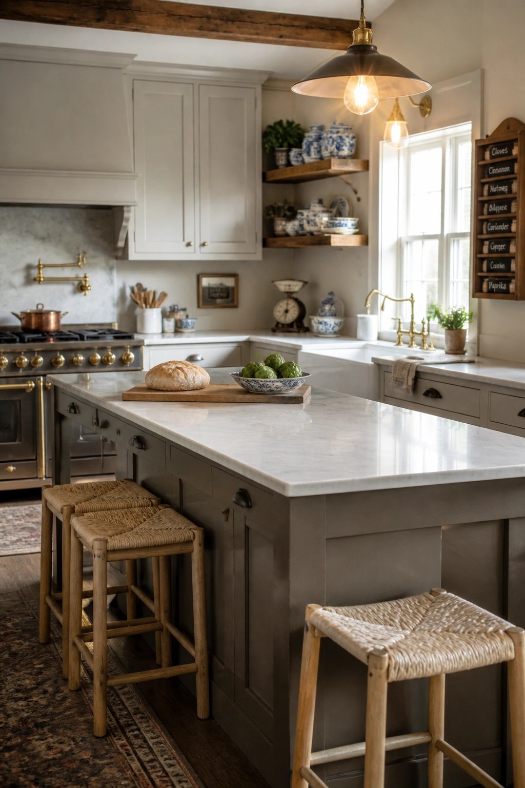 A farmhouse kitchen with a central island painted in greige, topped with white marble, and three woven-seat stools pulled up to one side.