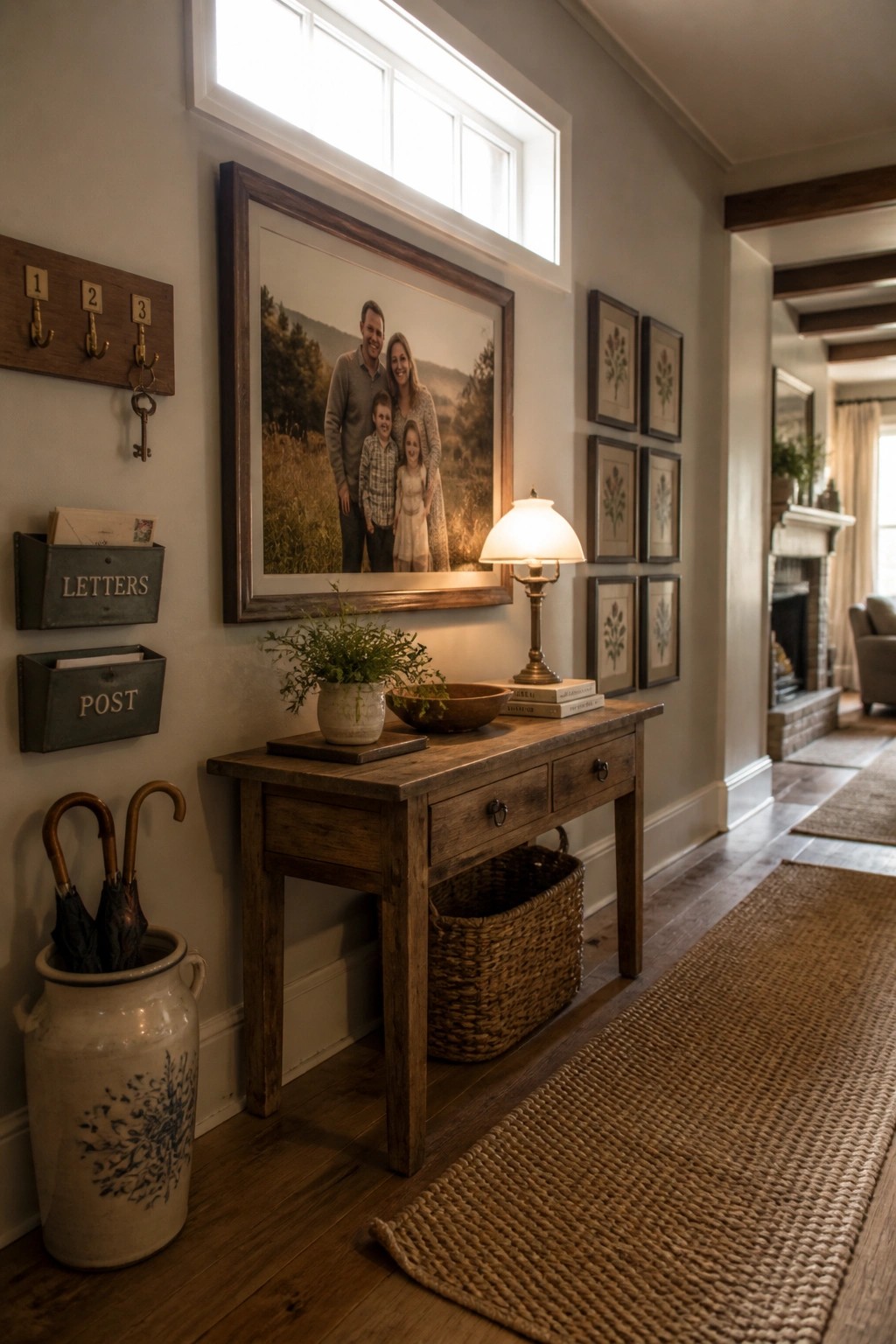 A farmhouse-style hallway with greige walls, a wooden console table holding a lamp and plant, a large family photo above it, wall hooks, mail slots, and a woven runner on the floor.