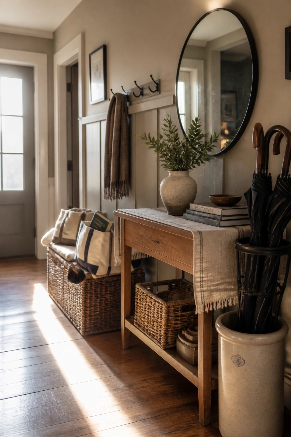 A farmhouse entryway with greige walls, a wooden console table holding books and a vase, a round mirror, woven baskets on the floor, and an umbrella stand.