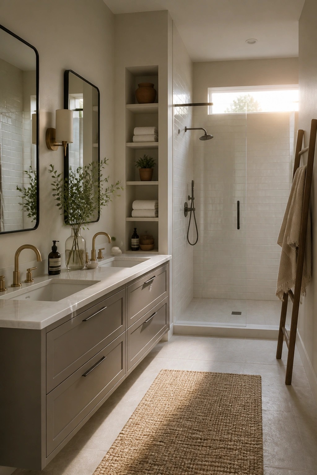 A bathroom with greige walls, a double vanity in gray finish with white marble top, black-framed mirrors, and a glass shower with white subway tile.