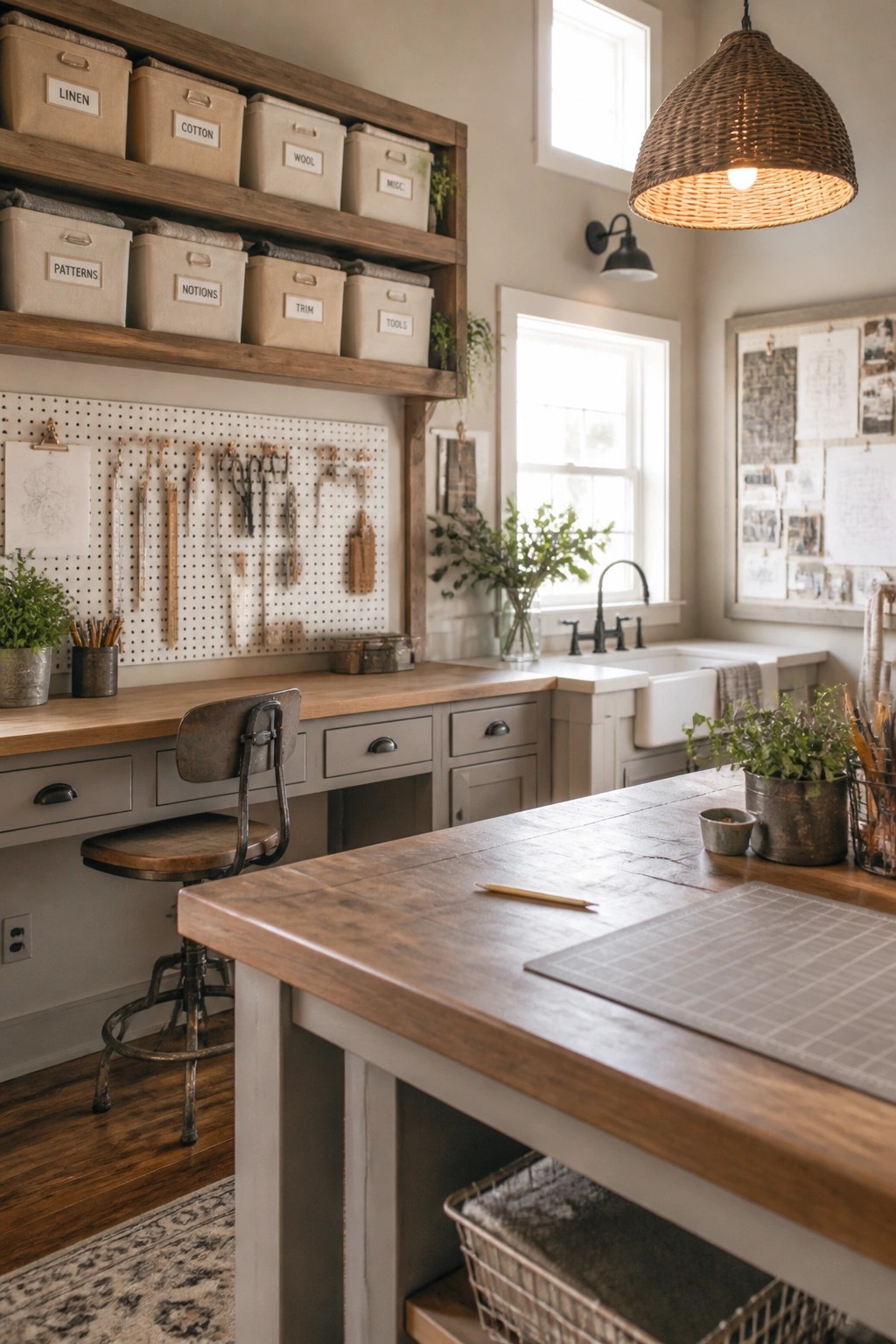An interior view of a craft room with gray painted lower cabinets, open wooden shelves holding labeled bins, a white pegboard with hanging tools, and a large wooden work table in the foreground.