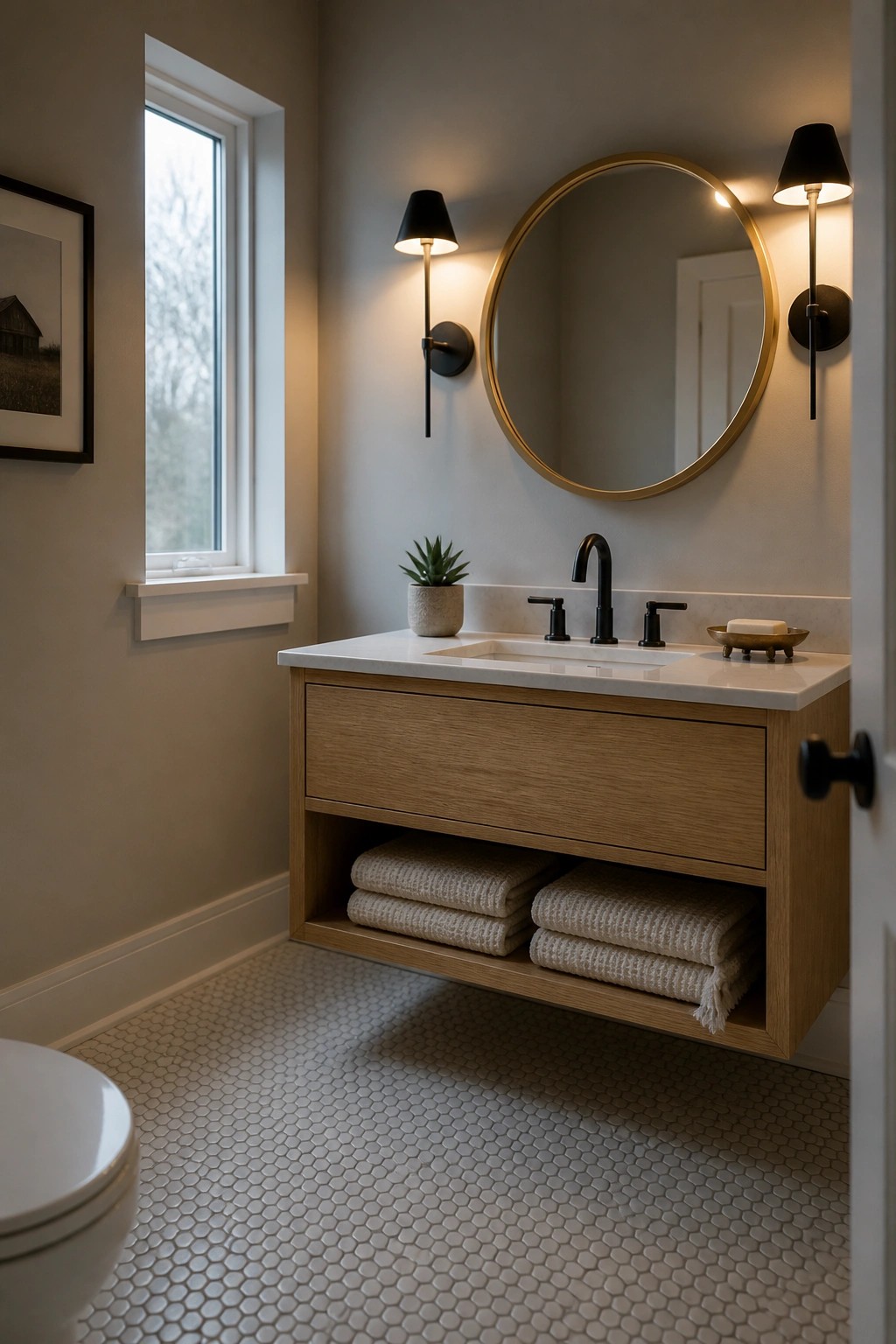 Modern bathroom with wooden floating vanity, gold round mirror, black sconces, and hexagonal tiles