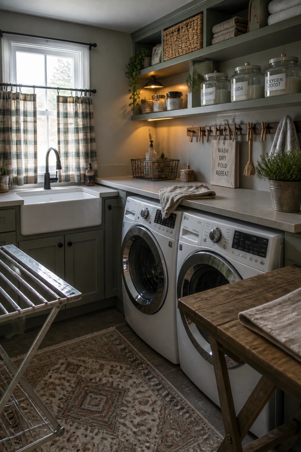 A laundry room with white front-loading LG washing machines, a farmhouse sink under a window with plaid curtains, green-gray cabinets, open shelving with glass jars, and a patterned rug on the floor.