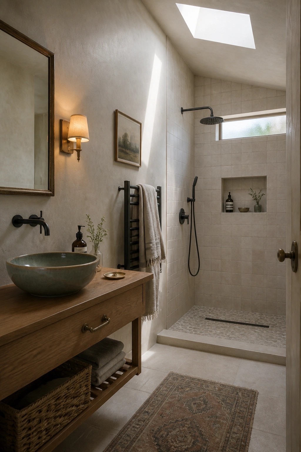 A bathroom interior with textured greige walls, a wooden vanity holding a green vessel sink, a black towel warmer, and a tiled walk-in shower beneath a skylight.
