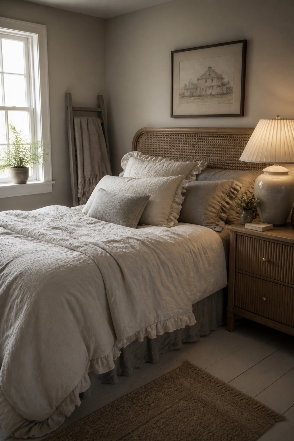 A bedroom with greige walls, a rattan headboard, layered neutral bedding, a wooden nightstand with a lamp, and a window with a small potted plant.
