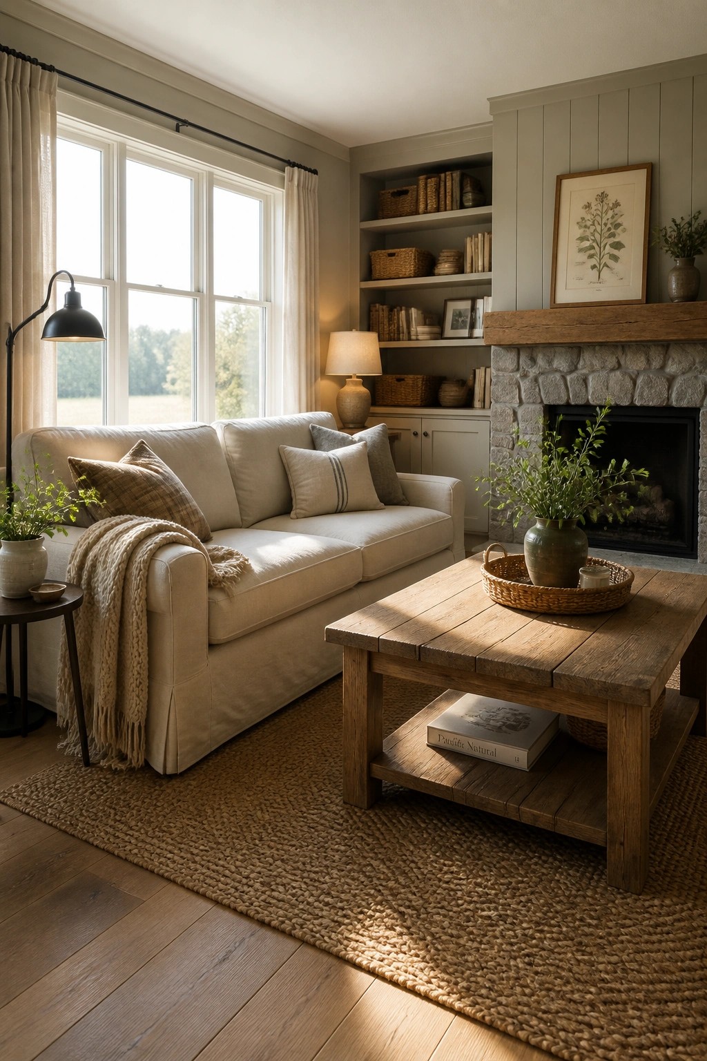 A living room with greige walls, a white sofa, wooden coffee table, built-in shelves, and a stone fireplace.