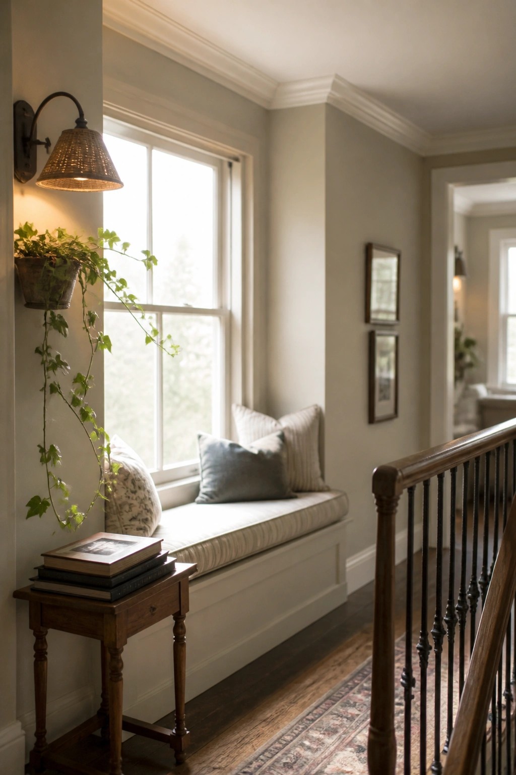 An interior view of a farmhouse hallway with greige walls, a cushioned window seat, wooden side table, wall sconce, and dark wood staircase railing.
