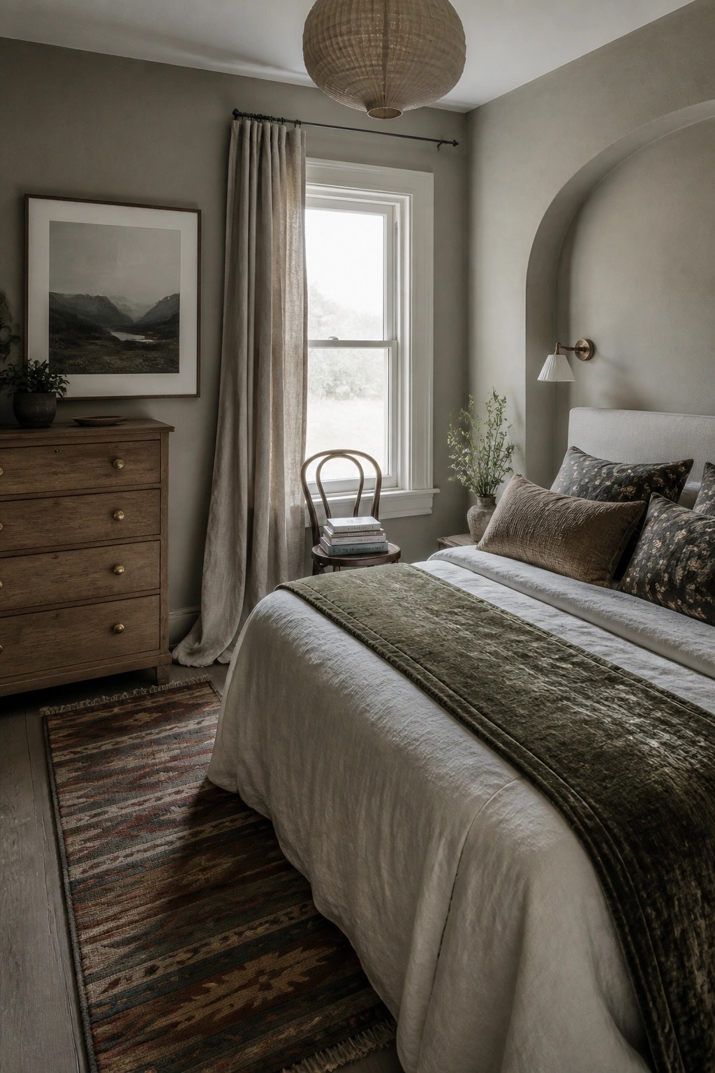 A bedroom with greige walls, a bed dressed in white and olive linens, a wooden dresser, framed art, and a window with floor-length curtains.