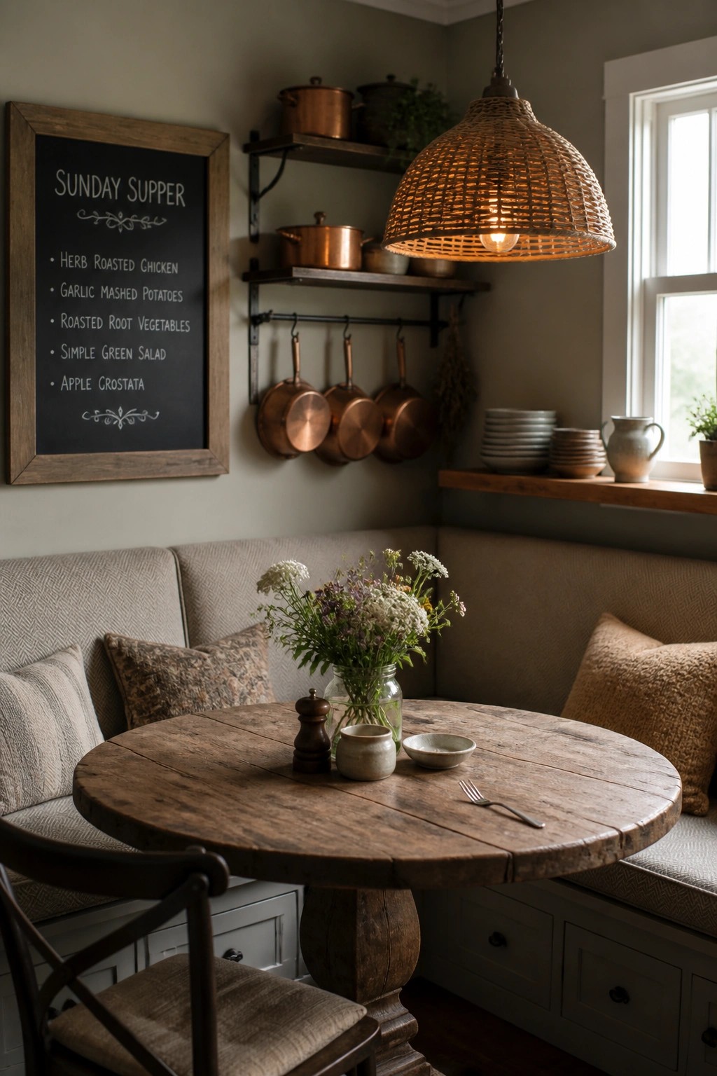 Cozy rustic dining nook with round wooden table, chalkboard menu, copper pots, and woven light.
