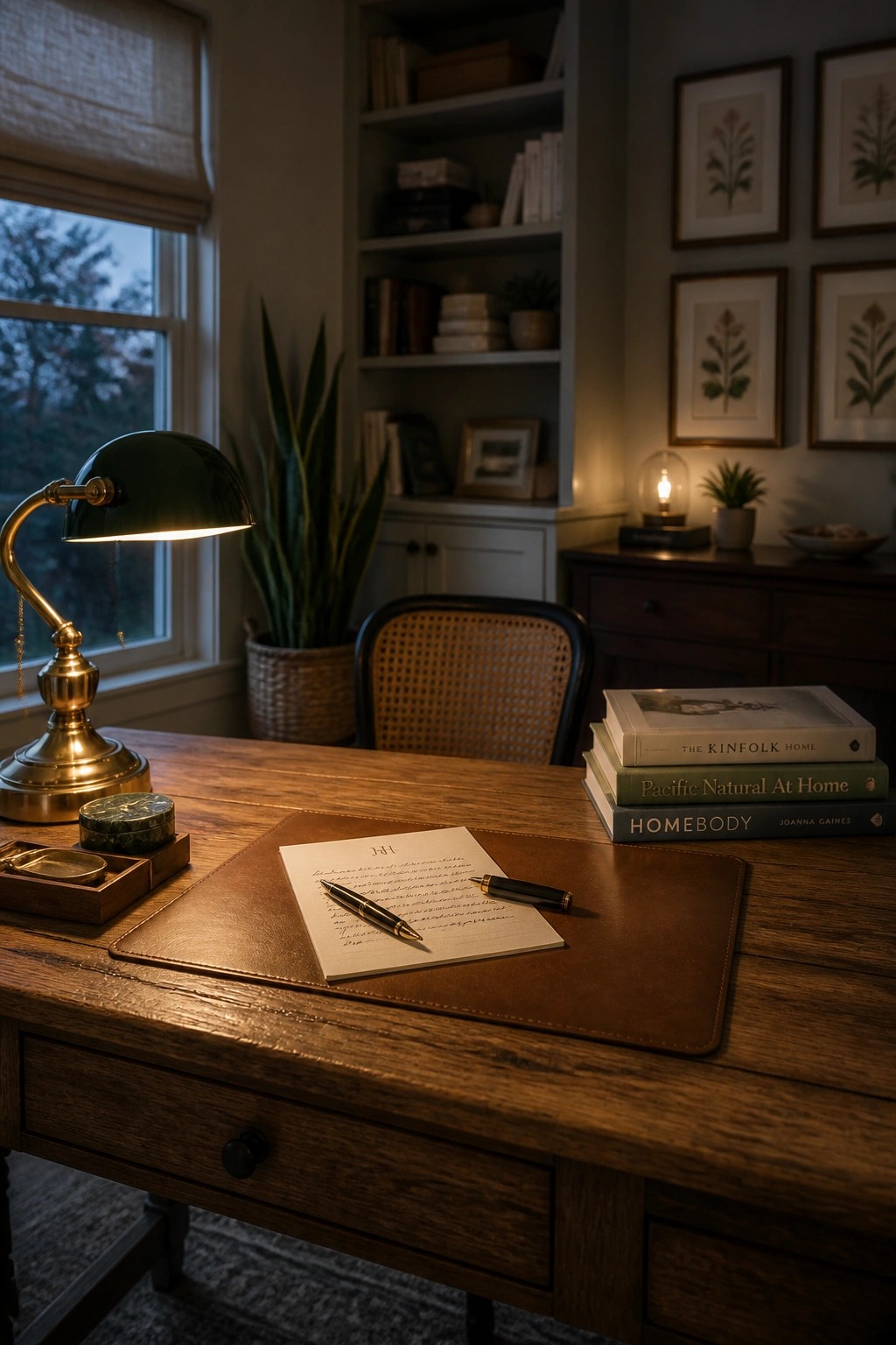 A wooden desk with a leather blotter, fountain pen, and papers sits in front of built-in bookshelves in a room with greige walls.