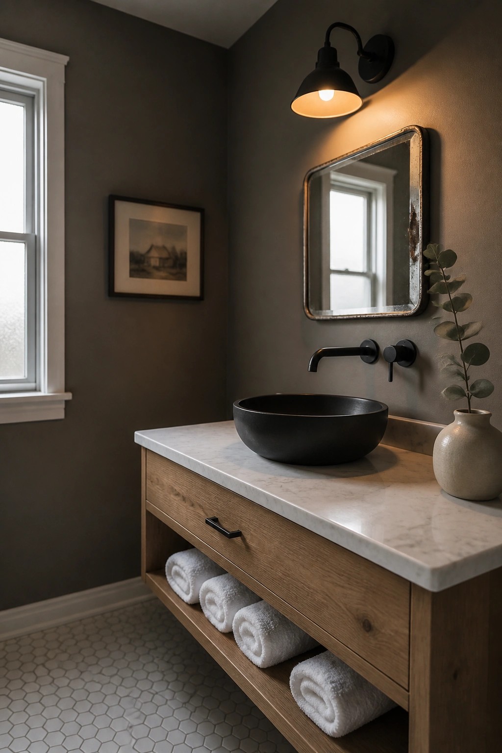 A bathroom with dark greige walls, a floating wood vanity with white marble top and black vessel sink, rolled white towels on open shelves, and a black wall sconce above a framed mirror.