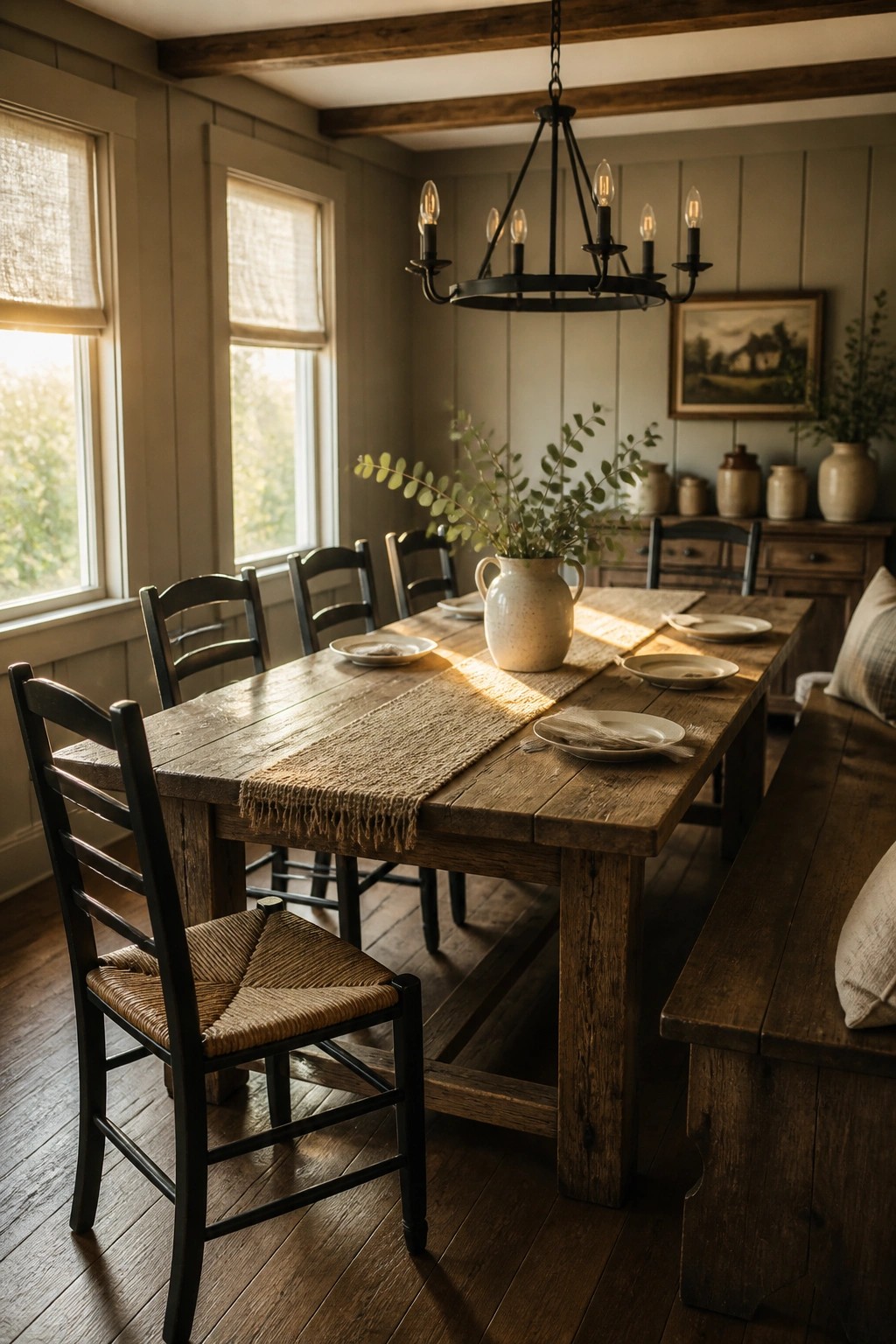 A farmhouse dining room featuring a long wooden table set with plates and a vase of greenery, black ladderback chairs, greige paneled walls, and a black chandelier.