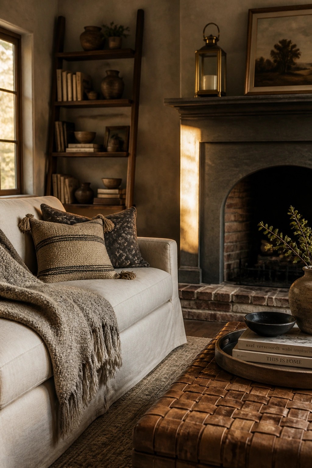 A living room with a white sofa, textured pillows and throw, wooden ladder shelf, stone fireplace, and greige walls.