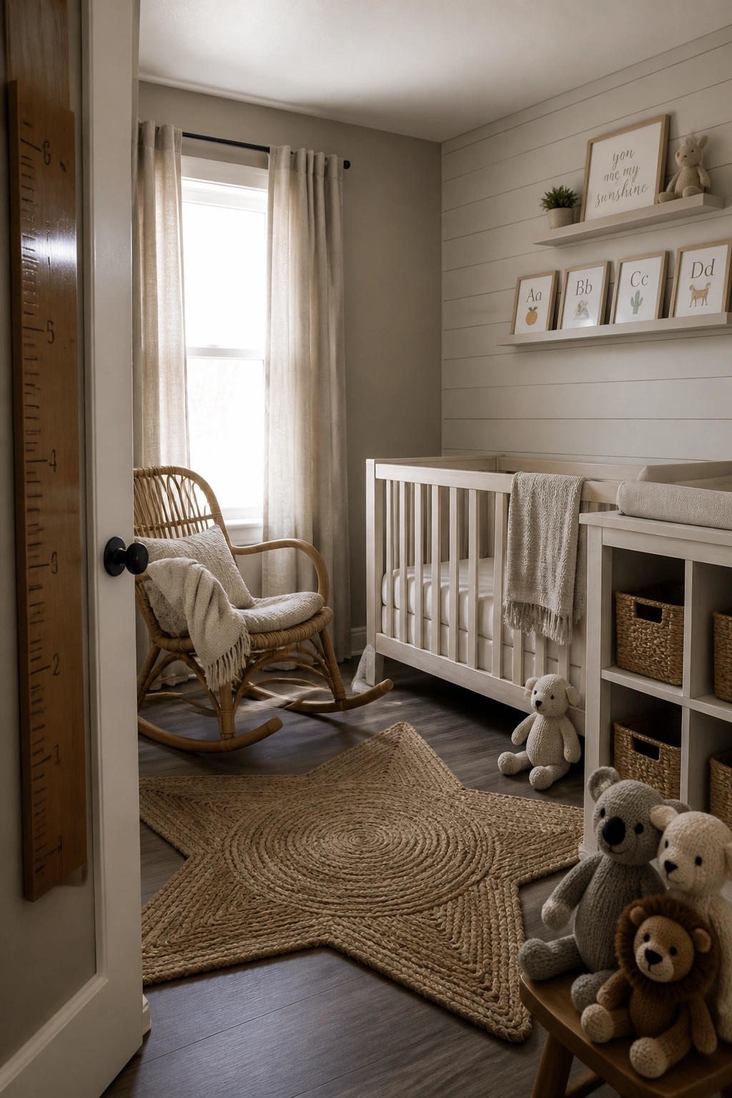 A nursery with greige walls featuring a white crib, wicker rocking chair, star-shaped jute rug, and stuffed animals on a changing table.
