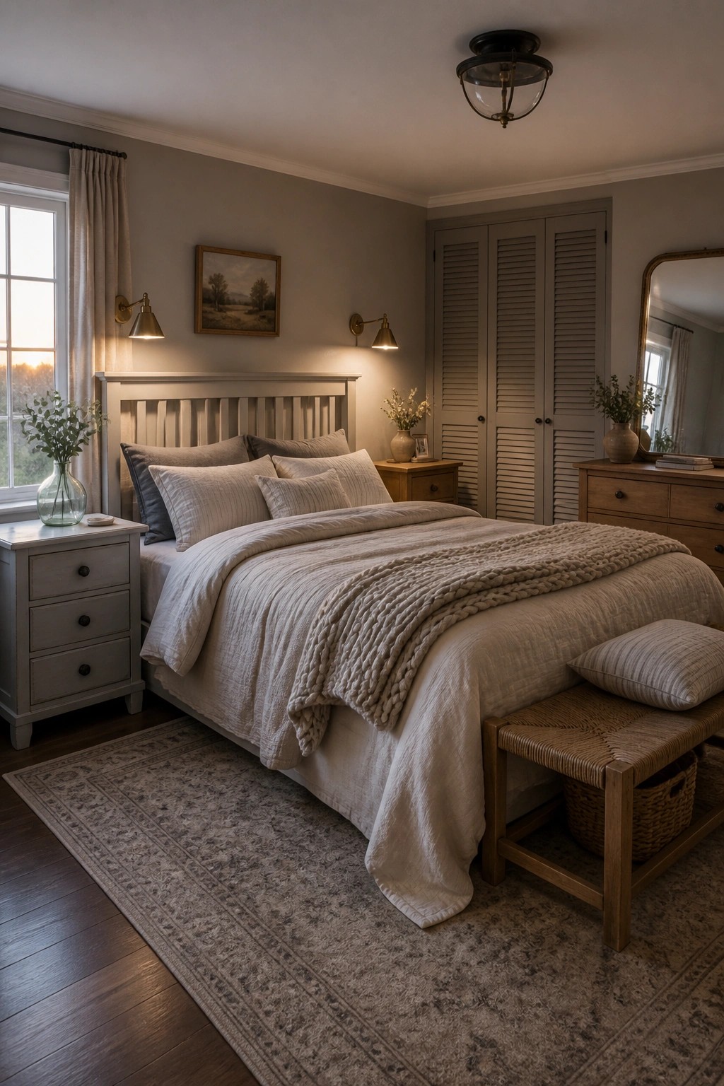 A bedroom with greige walls, a bed dressed in neutral linens and a chunky knit blanket, wooden nightstands, wall sconces, and a large patterned rug on dark wood floors.