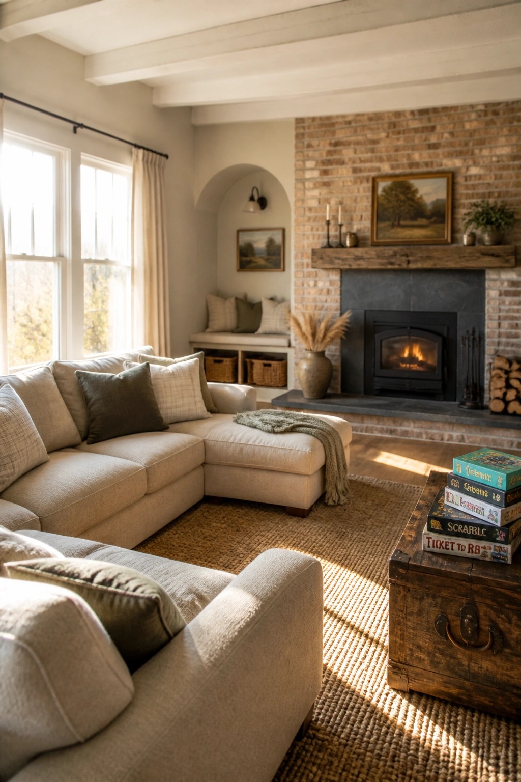 A living room with greige walls, a large neutral sectional sofa, a brick fireplace with a fire burning, and sunlight streaming through windows.