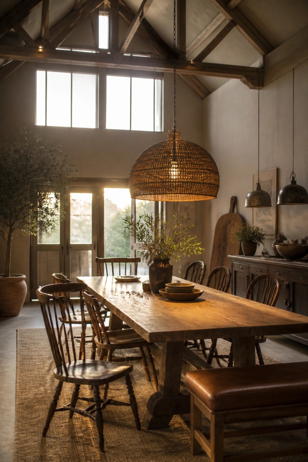 A farmhouse dining room with a long wooden table, wooden chairs, woven pendant lights, and large windows in the background.
