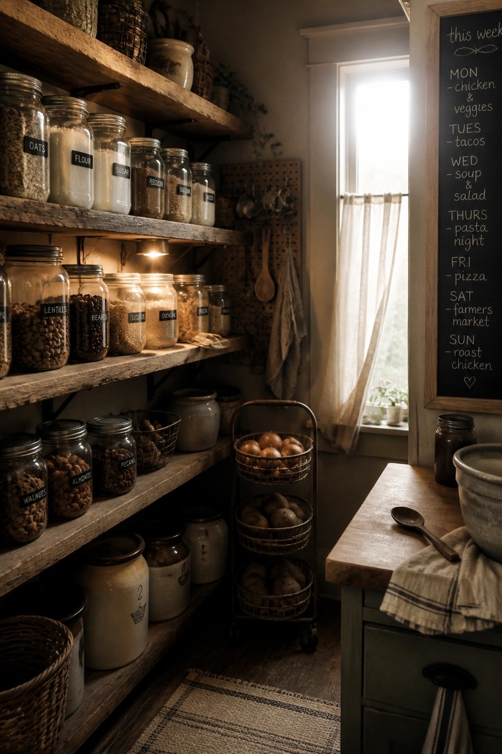 A farmhouse pantry interior with wooden open shelves holding labeled glass jars of dry goods, a rolling basket of potatoes, and a chalkboard menu on the adjacent wall.