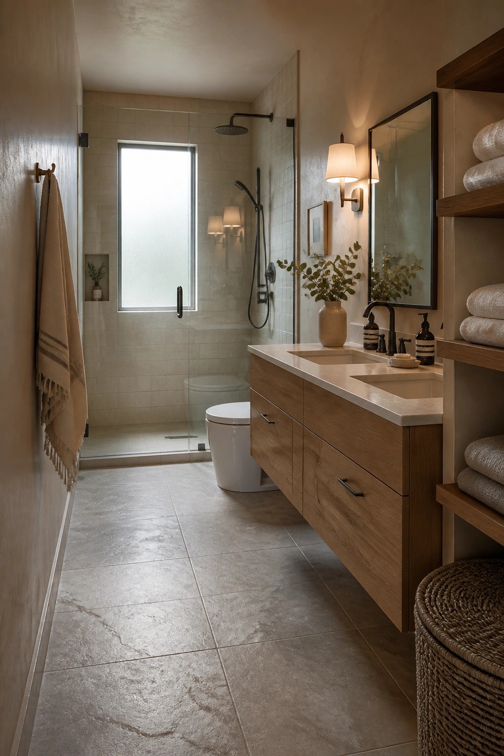 A bathroom with a floating wood vanity, double sinks, white toilet, glass enclosed shower, and neutral tiled walls and floor.