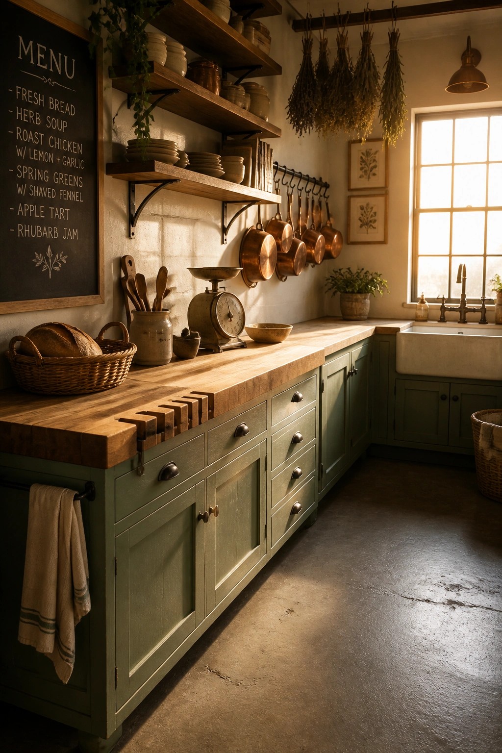 Rustic kitchen with green cabinets, wooden counters, hanging copper pots, and chalkboard menu.