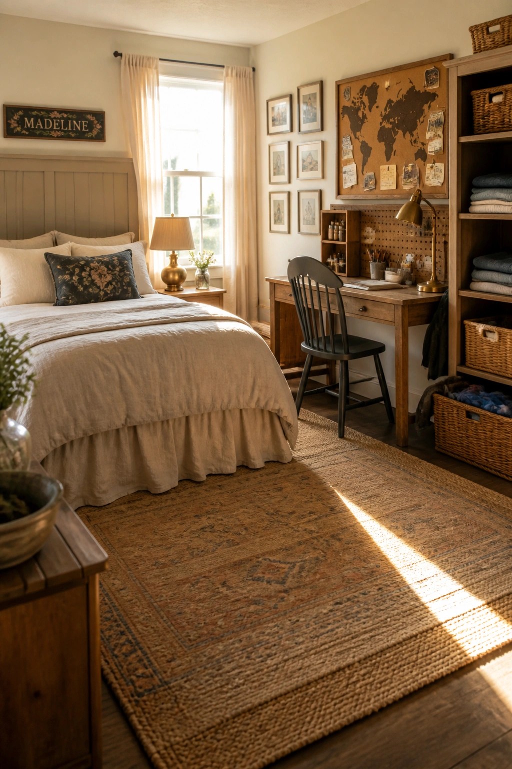 A rustic farmhouse bedroom featuring a bed with beige linen bedding, a wooden desk with chair, framed art, a cork world map, and a large jute rug on dark wood flooring.