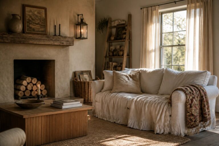 25 Neutral Rustic Farmhouse Color Schemes for an Effortlessly Cohesive Home A rustic living room with a stone fireplace, thick wooden mantel, white sofa, wooden ladder shelf, and woven rug on wide plank floors.
