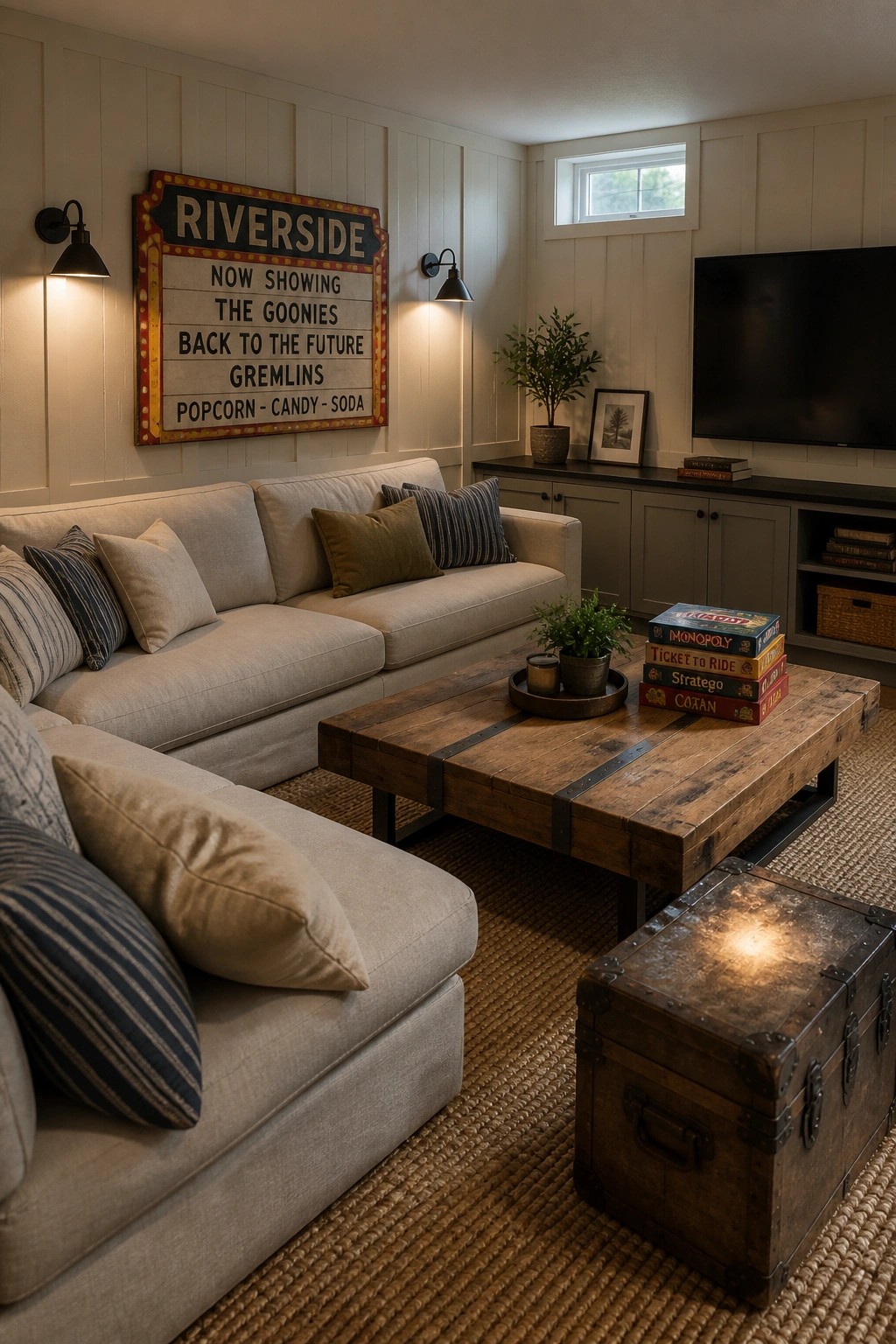 Cozy living room with beige sectional sofa, rustic coffee table, board games, and vintage marquee sign