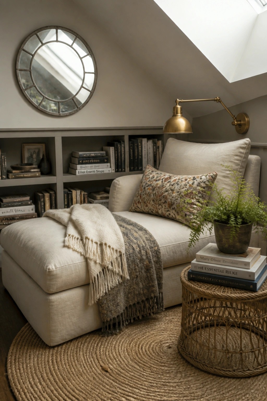 A cream chaise with a patterned pillow and fringed throw sits in front of built-in bookshelves, beside a round wicker table holding stacked books and a potted fern, with a round mirror on the wall above.