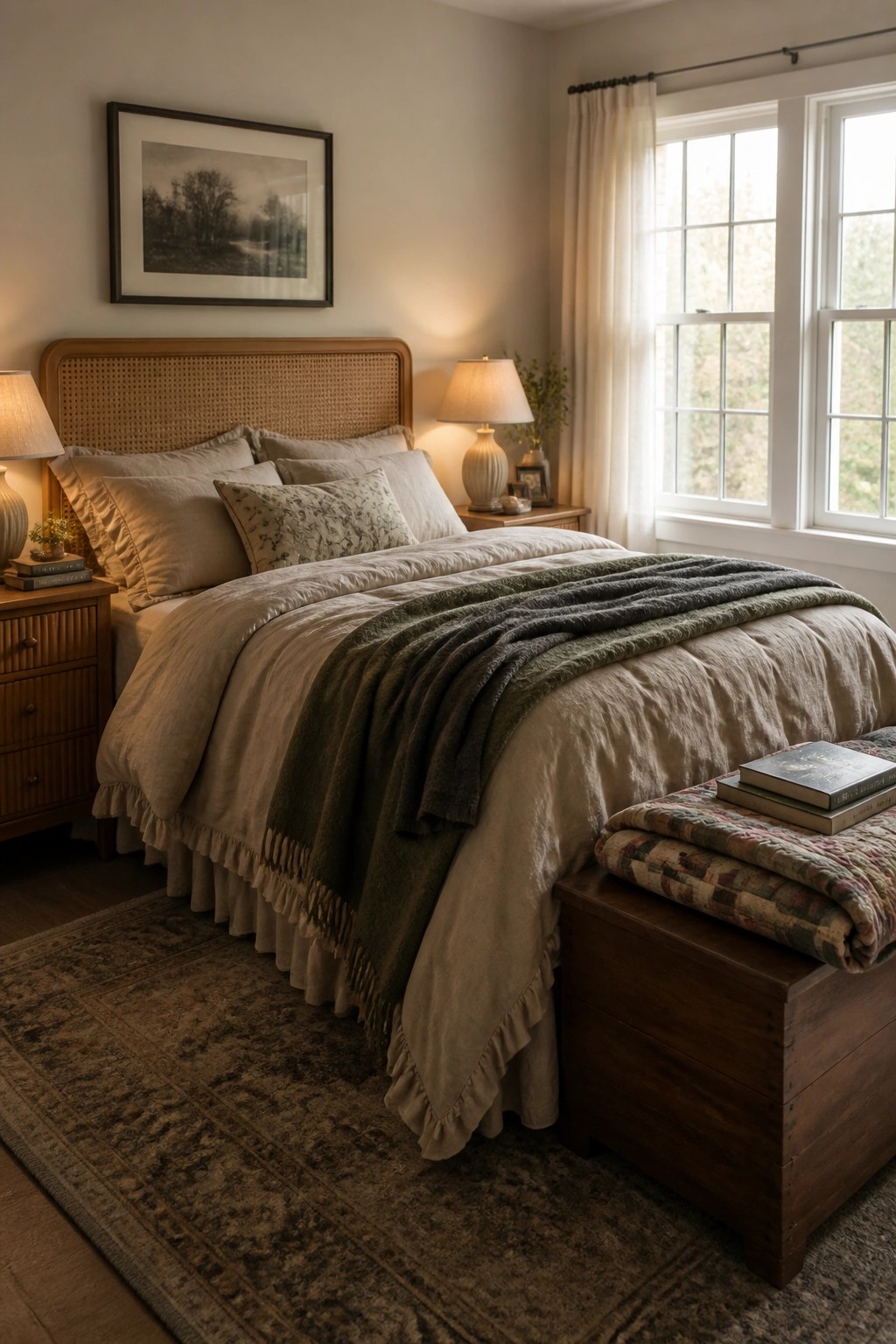 Cozy bedroom with cane headboard, beige linens, green throw, wooden chest and rug