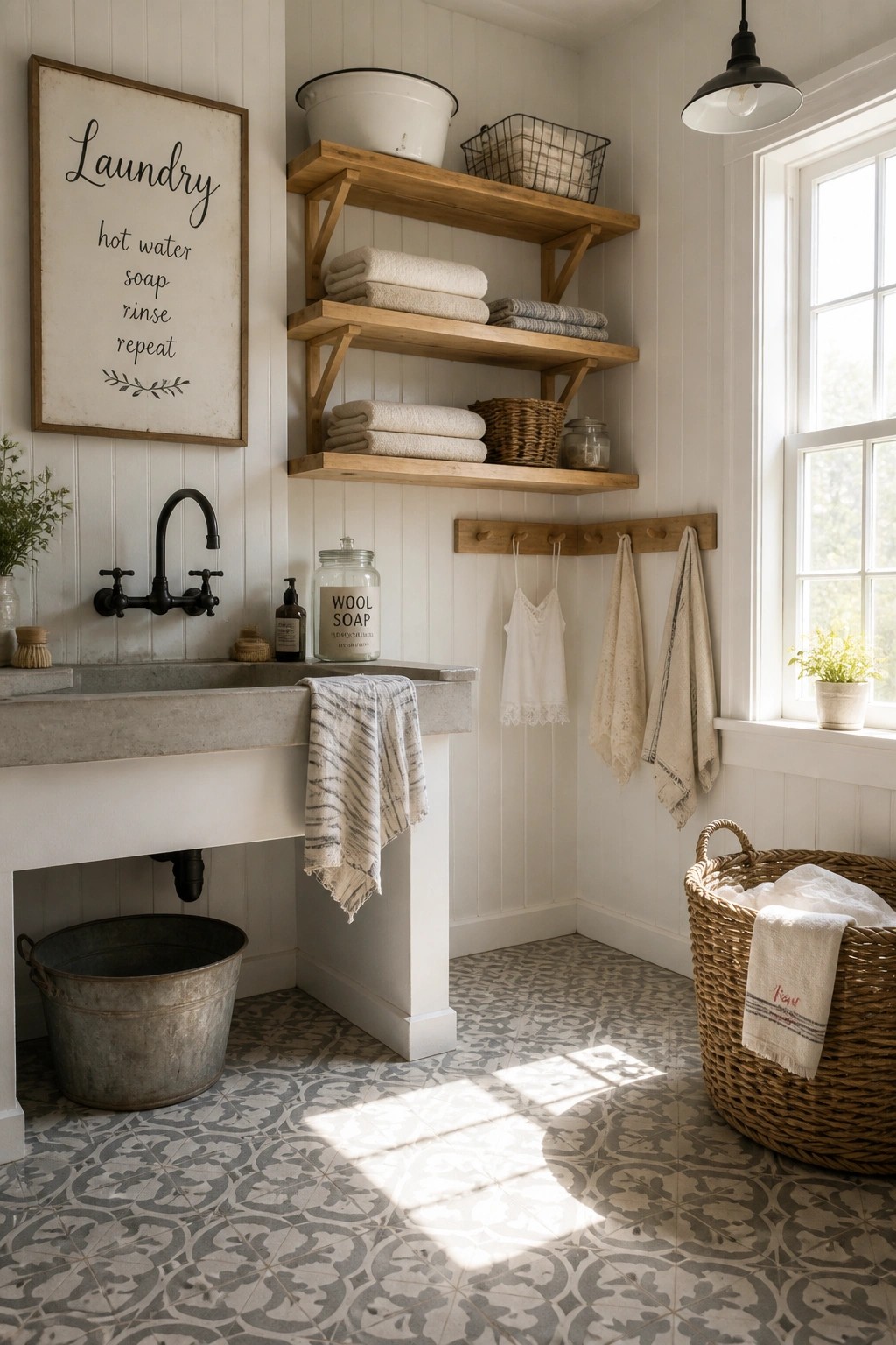 A rustic farmhouse laundry room featuring wooden wall shelves, a concrete utility sink, patterned tile flooring, and neutral-colored linens and baskets.