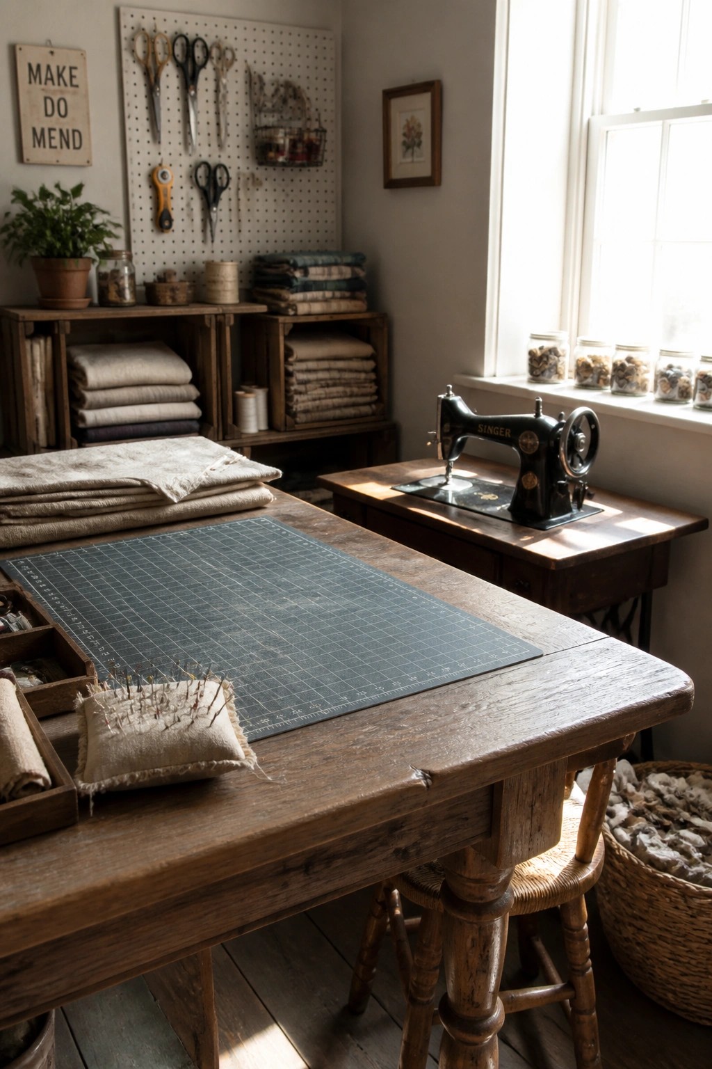 Rustic sewing room with wooden table, vintage Singer machine, cutting mat, and fabric supplies