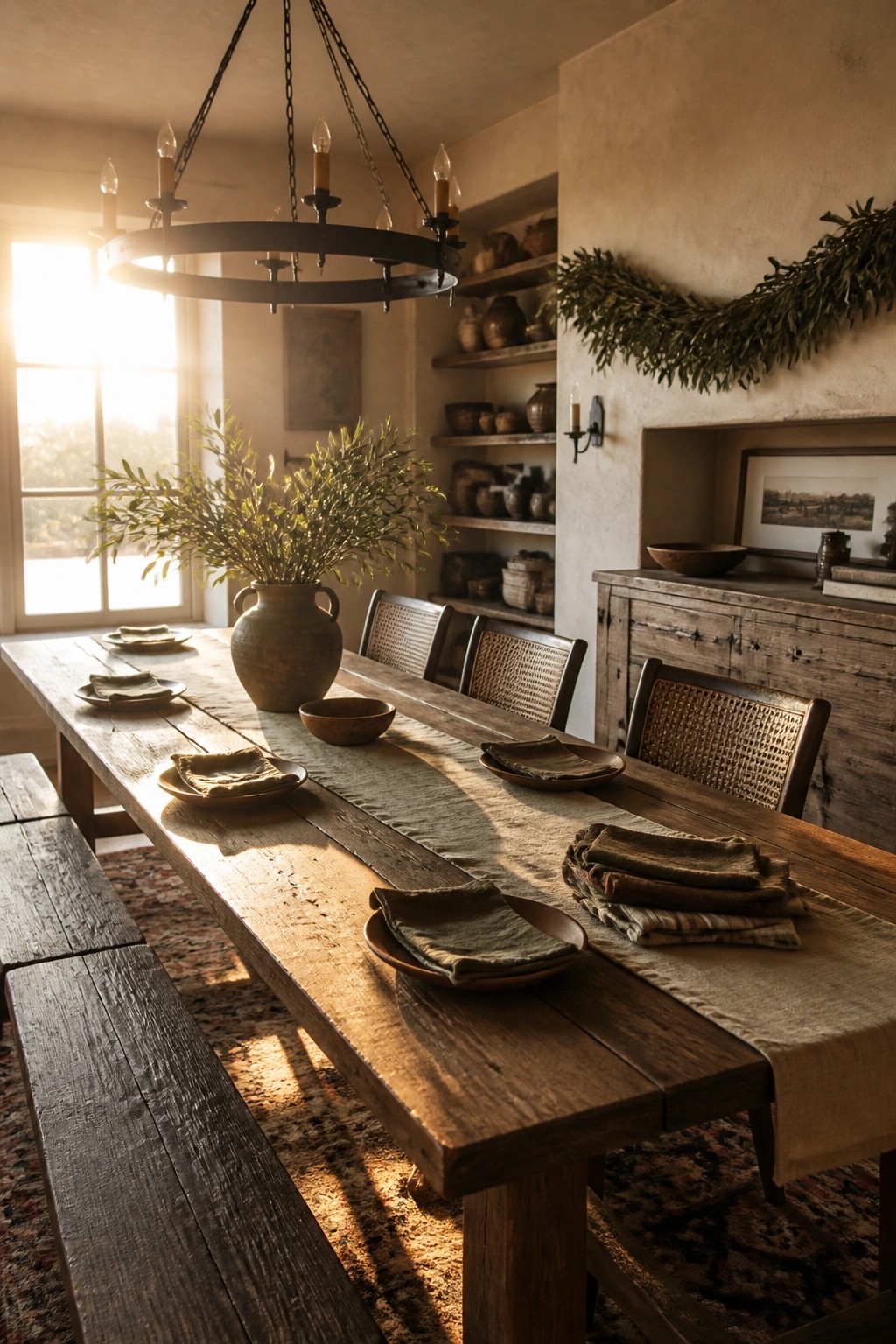 Rustic wooden dining table set with pottery, linens, and greenery in sunlit room