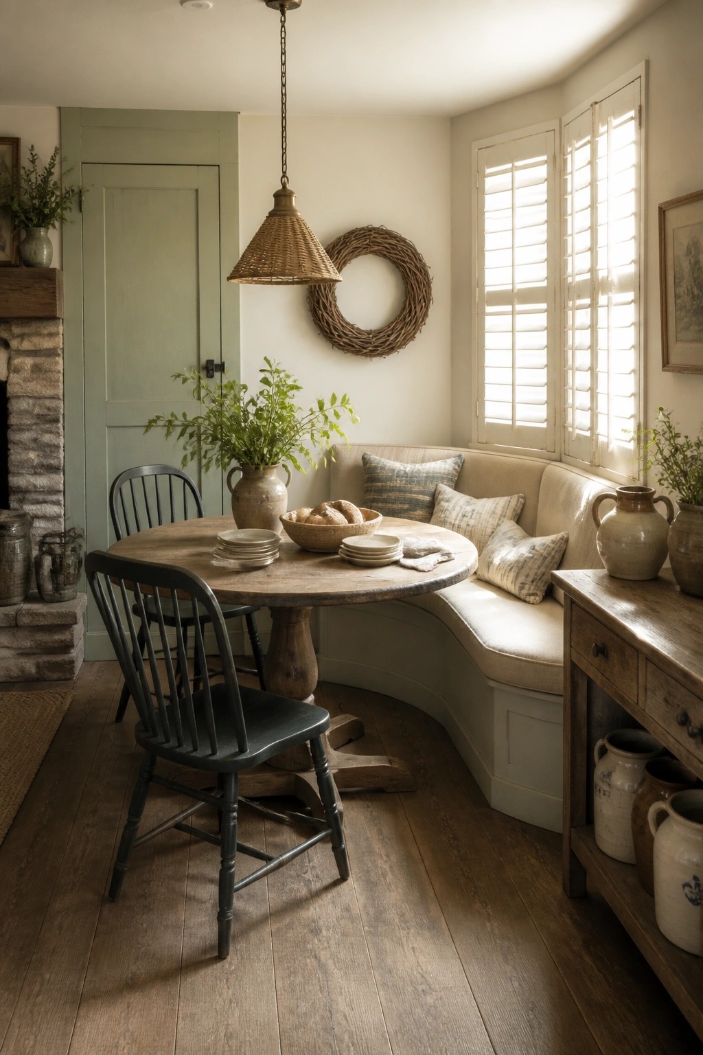 A rustic interior dining space with a round wooden table, black spindle chairs, a curved built-in bench with pillows, a green door, and pottery accents on a wooden side table.