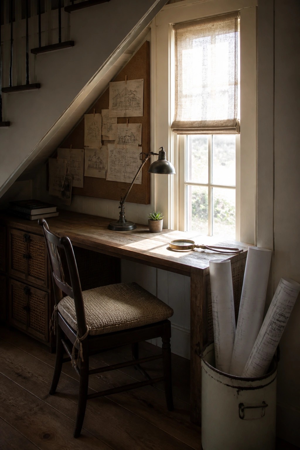 A wooden desk with a woven chair is tucked under a staircase beside a window with rolled papers in a bucket nearby.