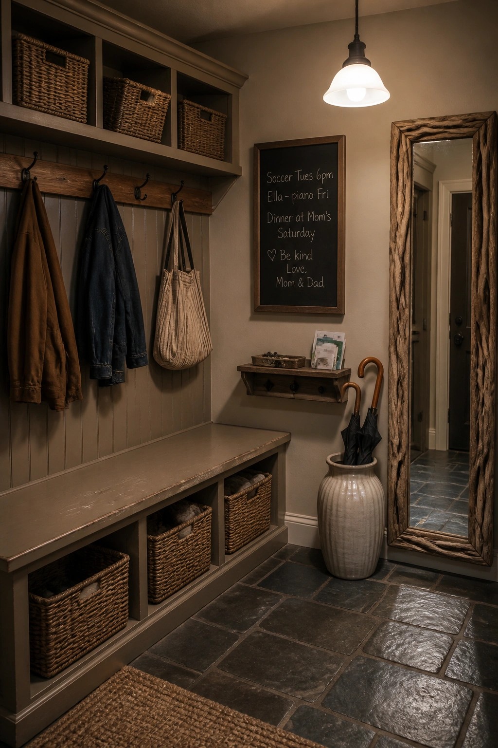 A rustic farmhouse mudroom with gray paneled walls, wooden hooks holding coats and a tote, a long storage bench filled with baskets, a chalkboard on the wall, and a tall rustic mirror beside a stone tile floor.