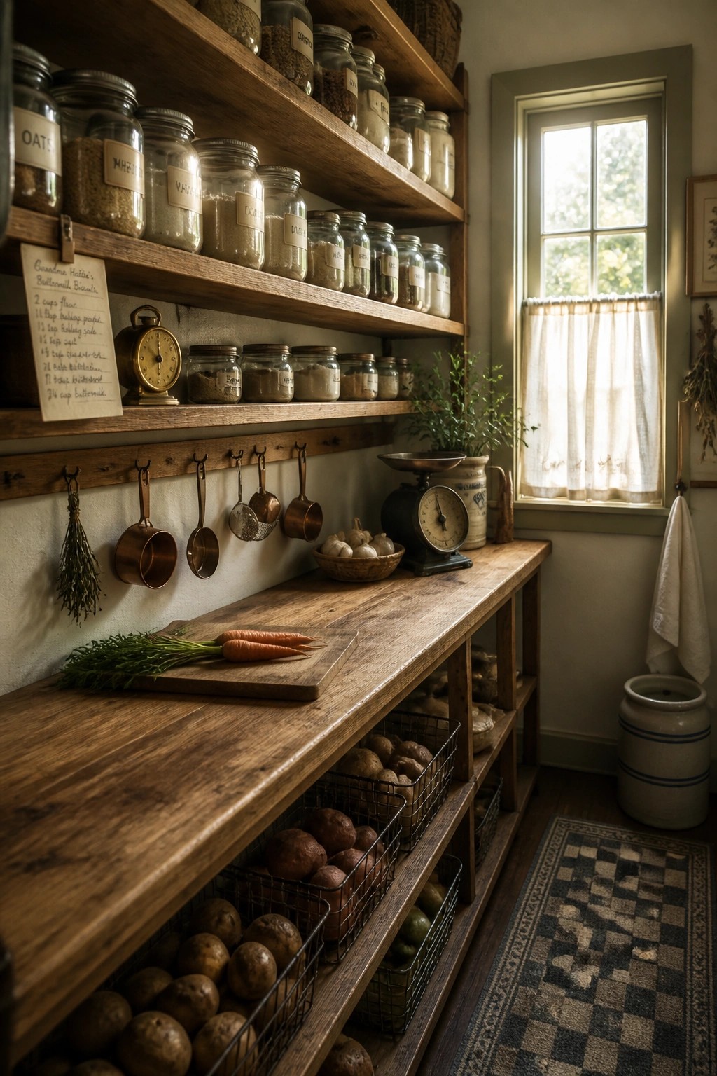 A rustic interior pantry with wooden open shelves holding labeled glass jars of dry goods, hanging copper measuring cups, a wooden counter with wire baskets of potatoes and carrots, and a window with a curtain.