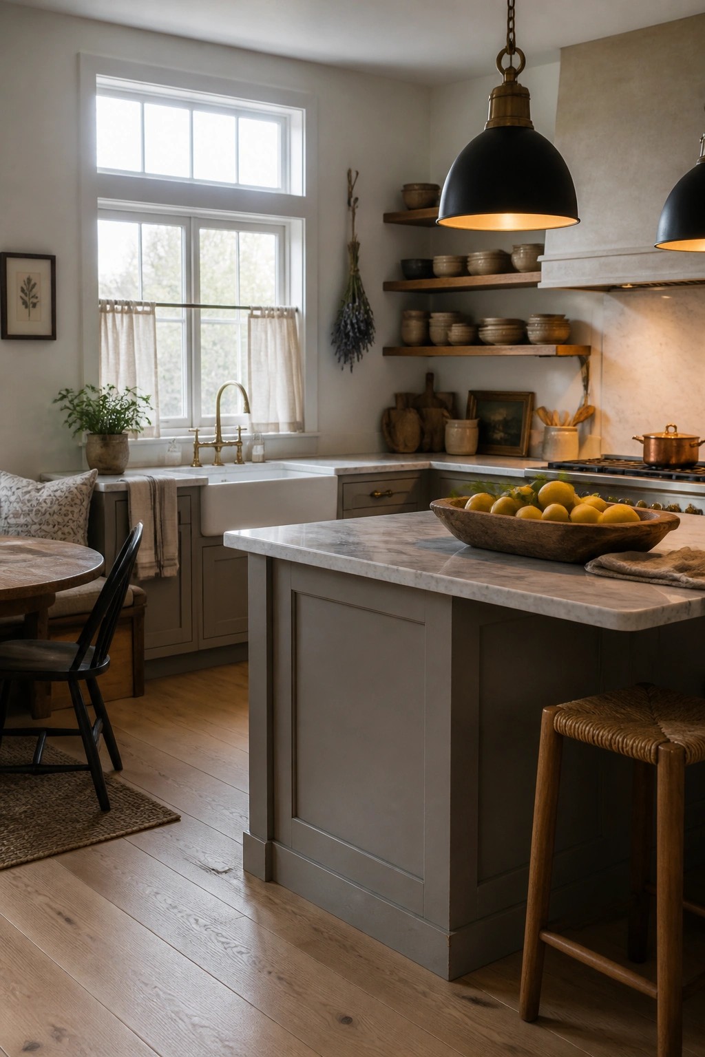 A rustic farmhouse kitchen with soft gray cabinetry, a marble island, wood floors, and two large windows with white curtains.