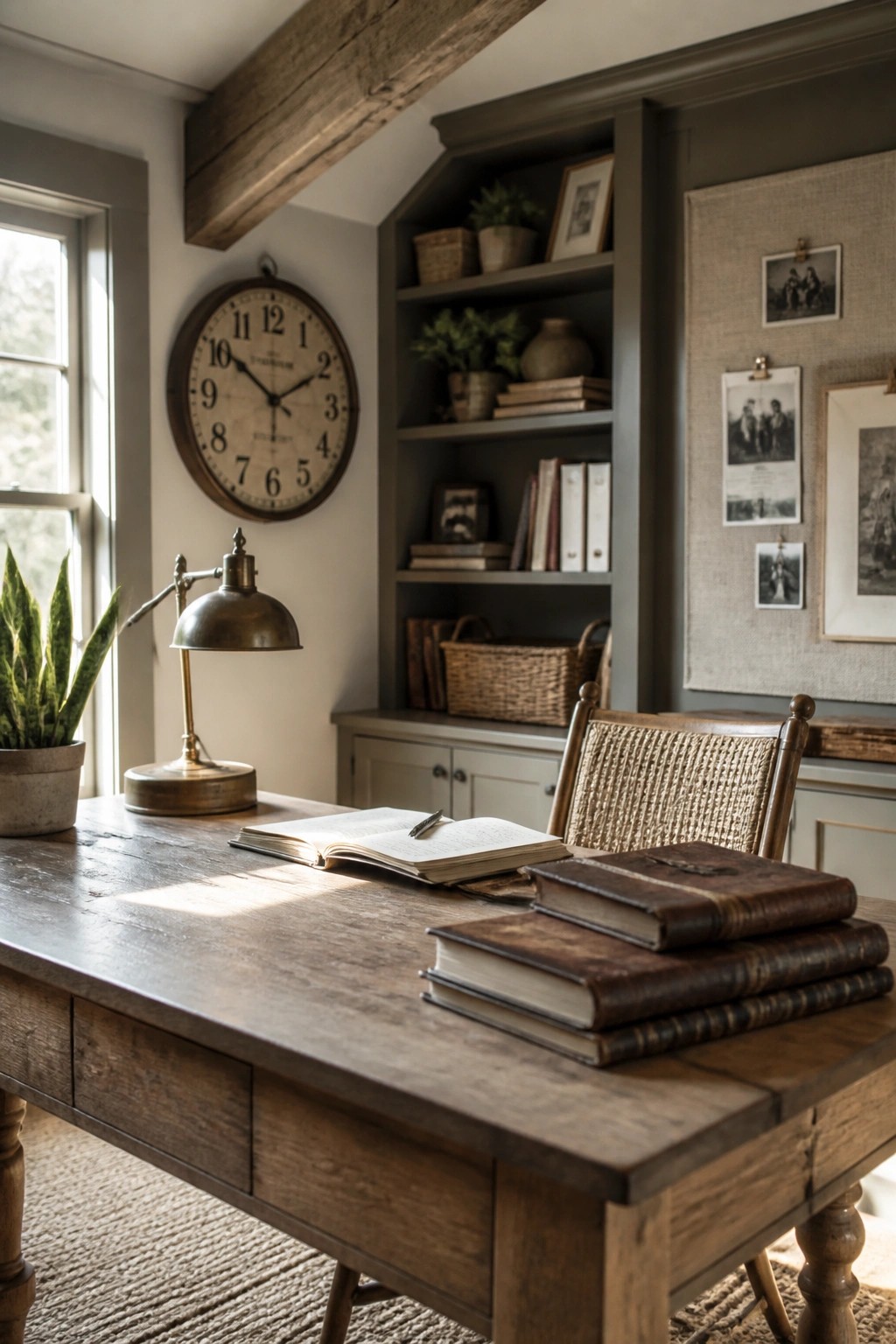 A rustic wooden desk with an open book, pen, and brass lamp sits in front of gray green built in shelves and cabinetry, with a large wall clock visible to the left.
