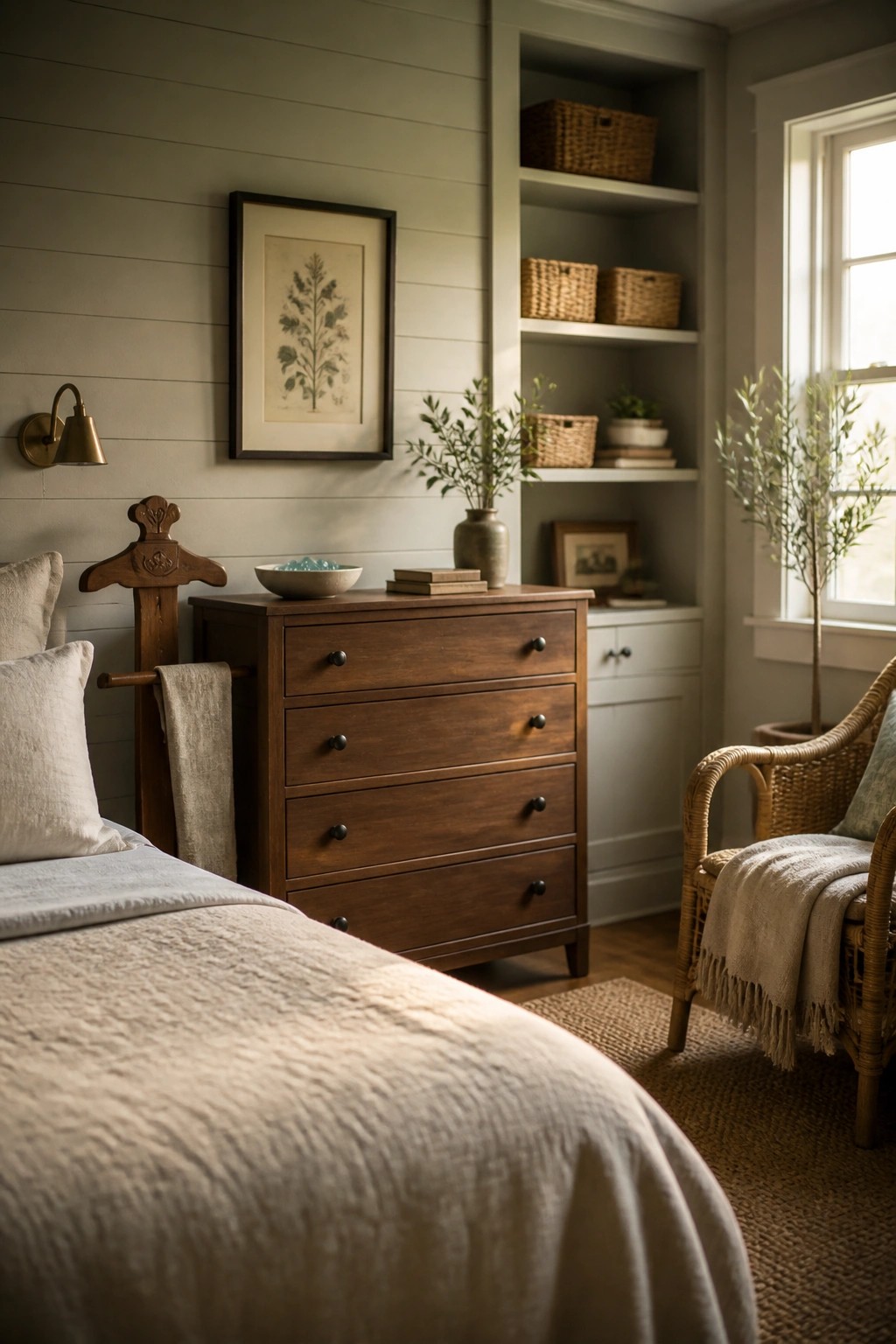 Cozy bedroom with dark wood dresser, built-in shelves, wicker chair, and beige bedding.