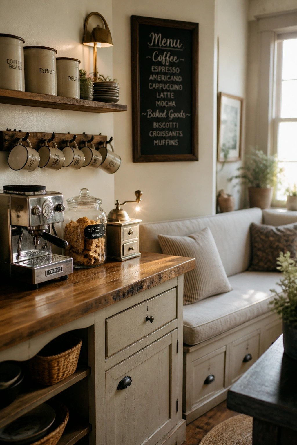 A rustic coffee station with a wooden counter, espresso machine, glass jar of biscotti, hanging mugs, and a light-colored built-in bench against a neutral wall.