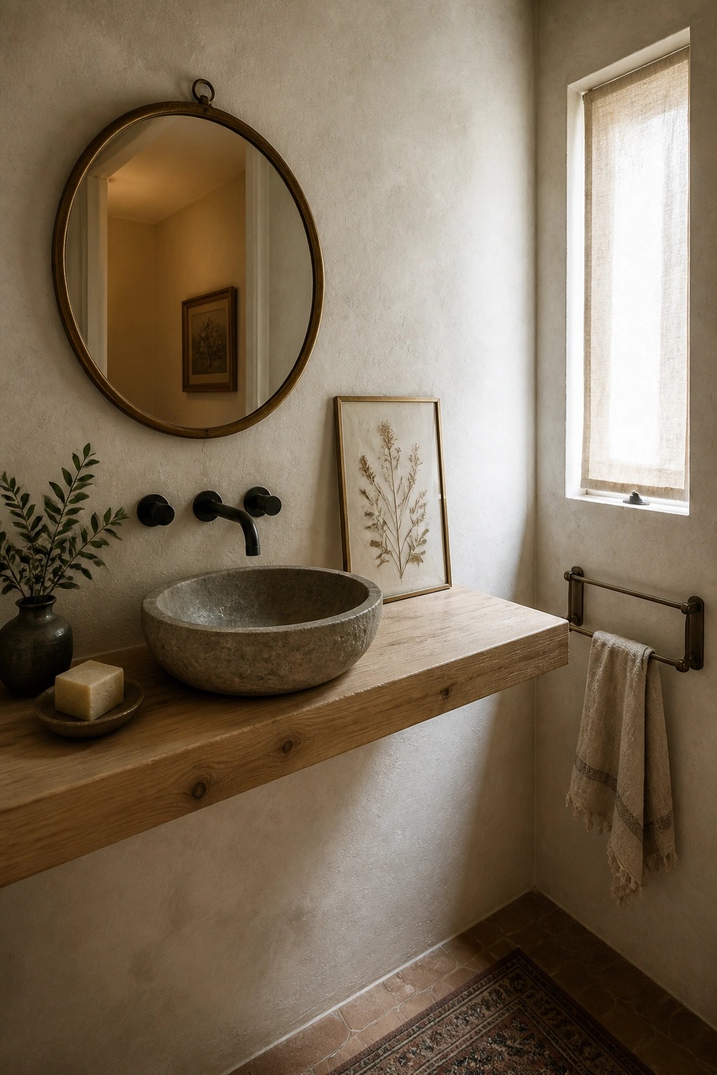 A bathroom with a round stone vessel sink on a wooden floating vanity, a round mirror above it, and a window with a linen shade to the right.