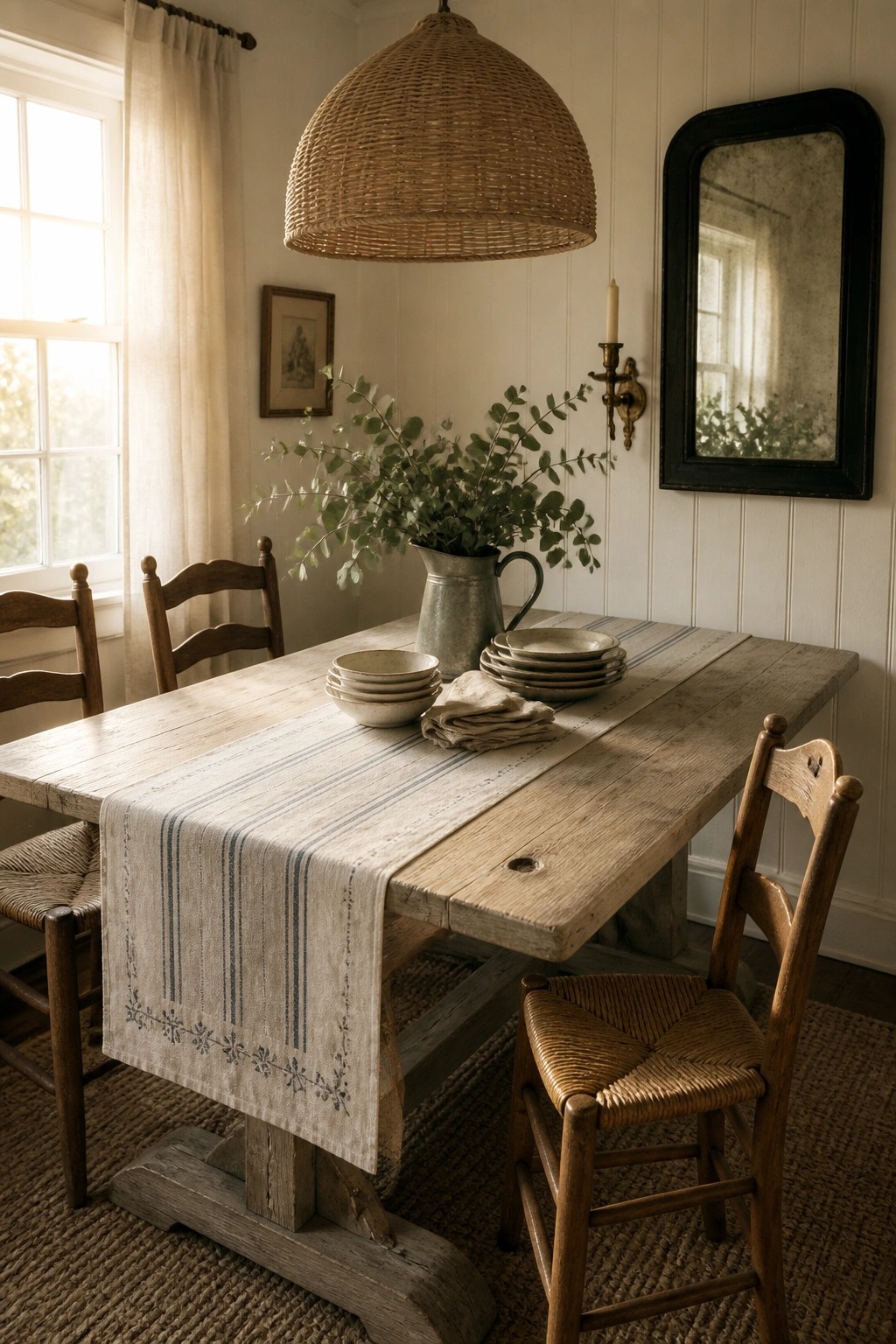 A rustic dining room featuring a weathered wooden table with a blue striped runner, stacked neutral dishes, a metal pitcher with greenery, and wooden chairs under a large woven pendant light.