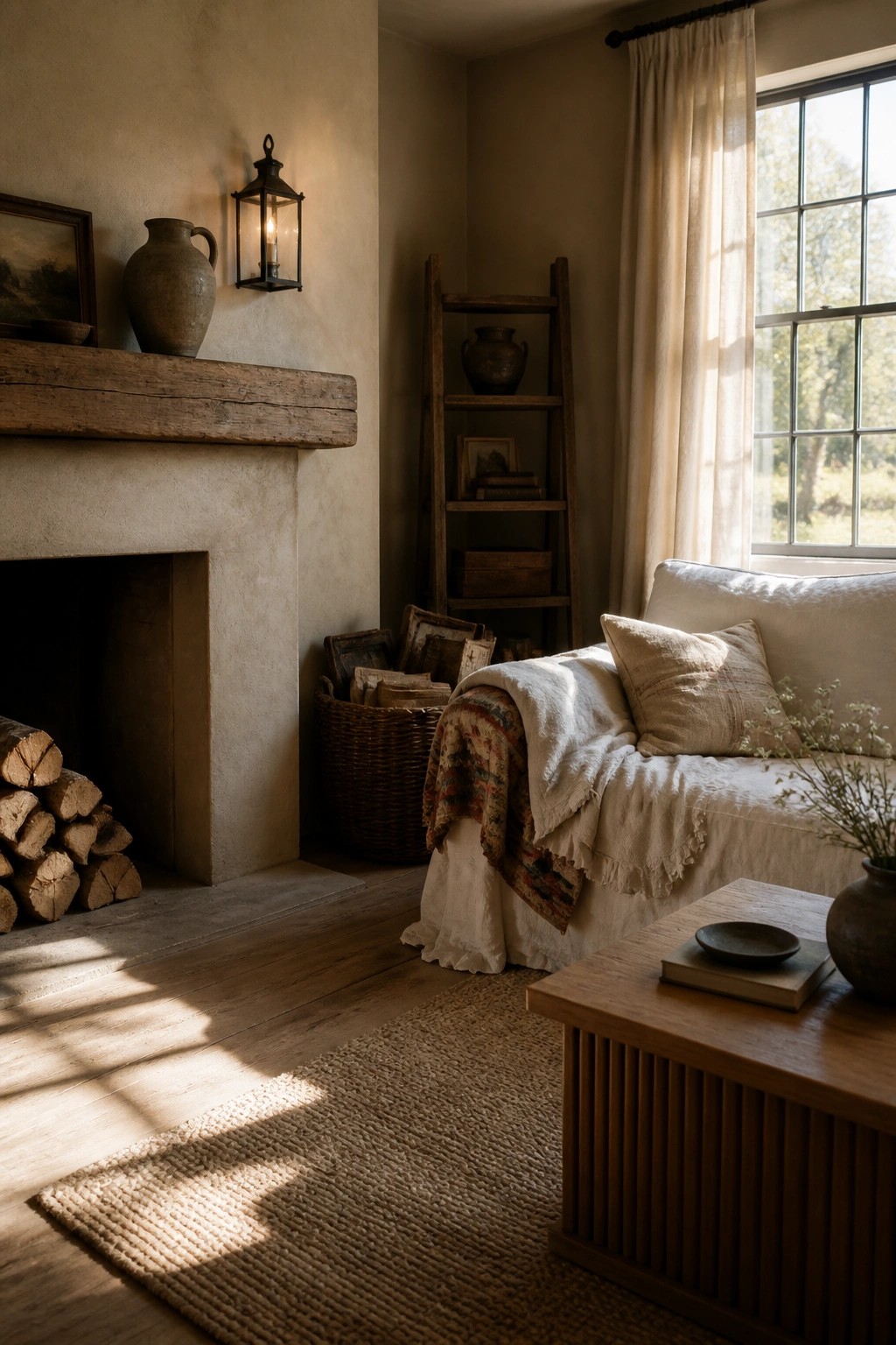A rustic living room with a stone fireplace, thick wooden mantel, white sofa, wooden ladder shelf, and woven rug on wide plank floors.