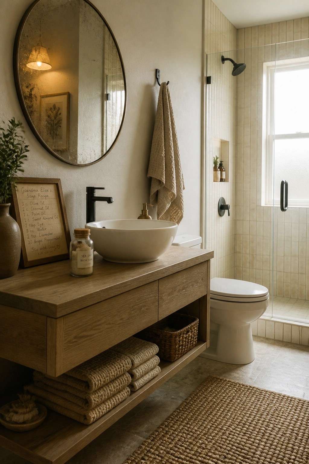 A bathroom with a light wood floating vanity, white vessel sink, round mirror, beige towels, and a shower area with cream tile.