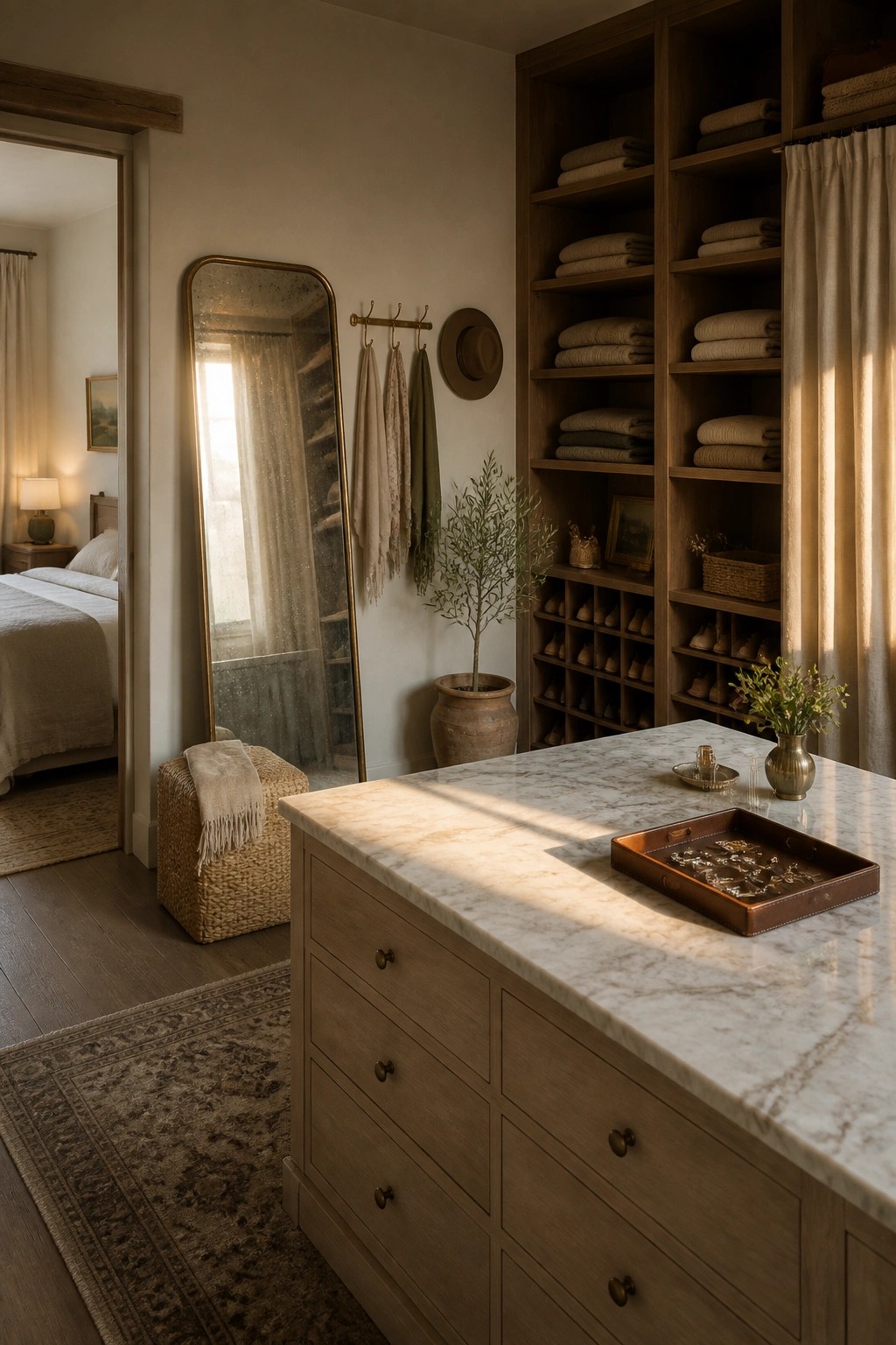 A bedroom interior with a wooden dresser topped in marble, open shelving filled with folded linens, and a large leaning mirror against the wall.