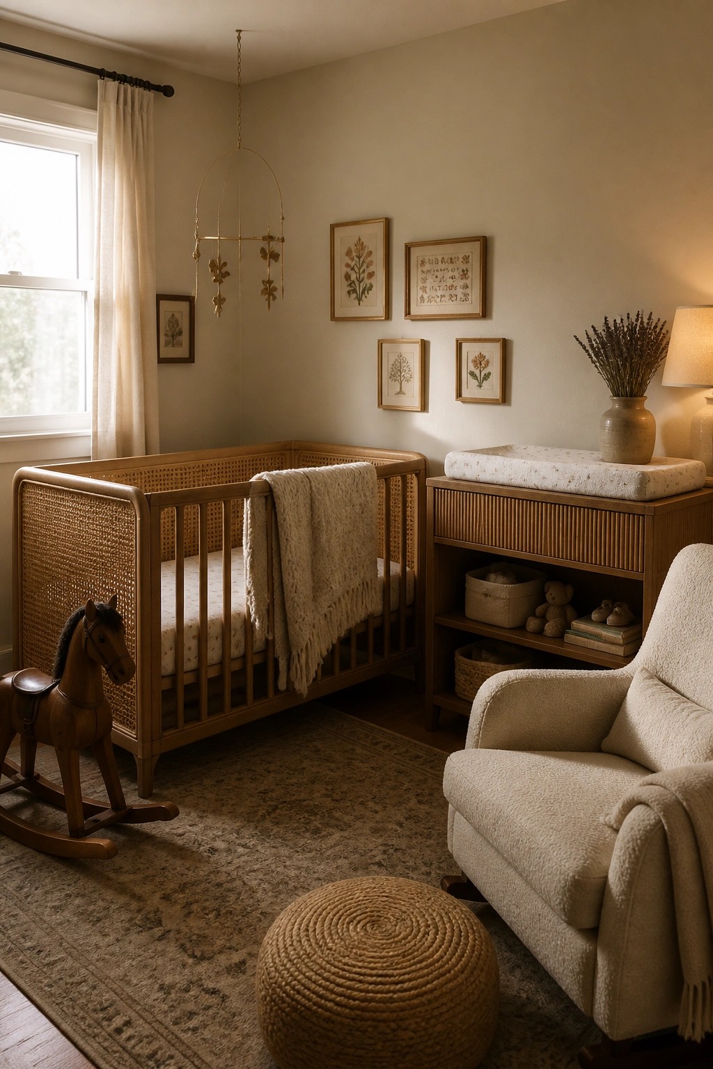 A nursery room with a wooden crib draped in a cream blanket, a beige upholstered rocking chair, woven ottoman, and wall art above a wooden dresser.