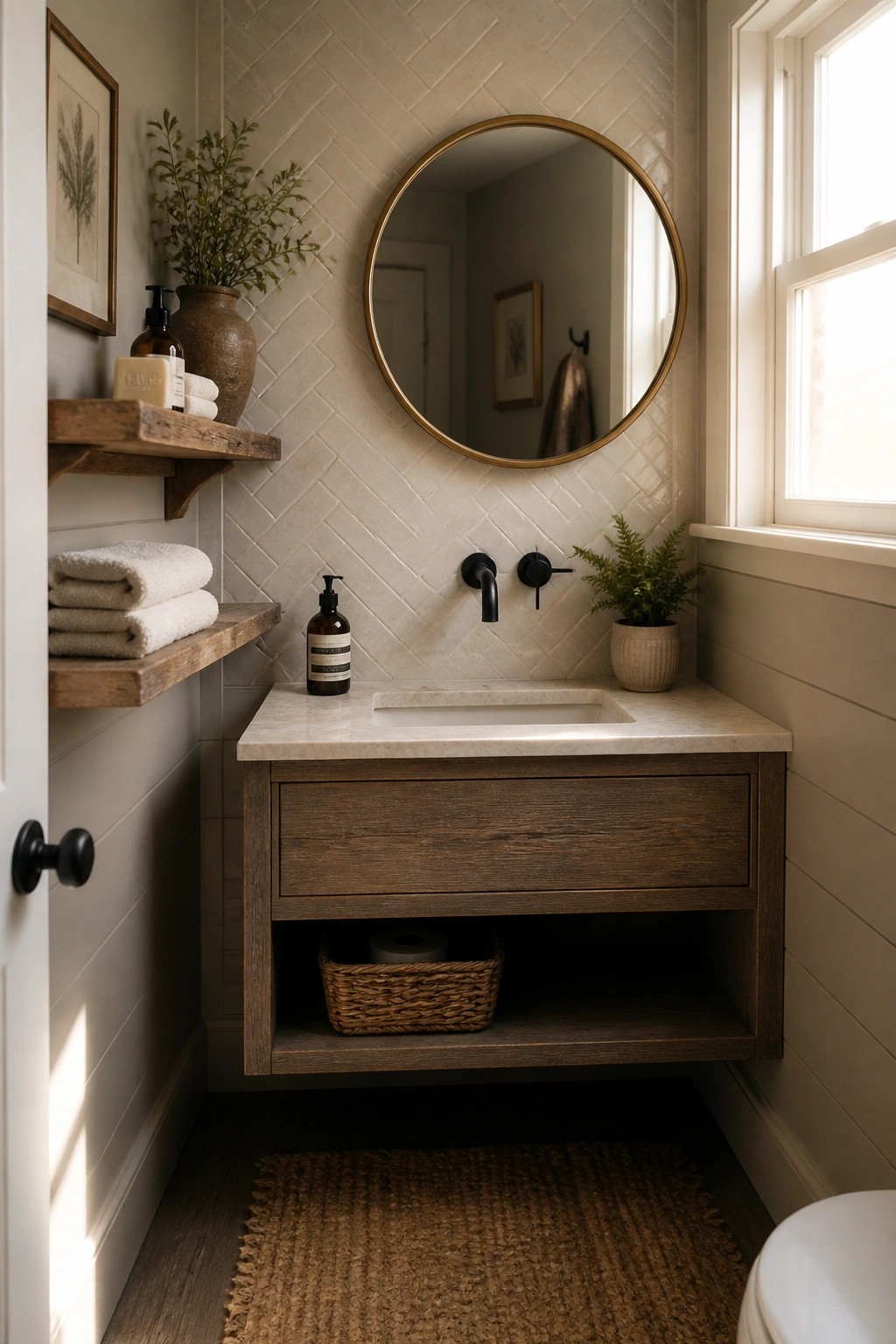 A compact bathroom with a floating wood vanity, marble countertop, round mirror, herringbone tile backsplash, and wooden floating shelves holding towels and plants.
