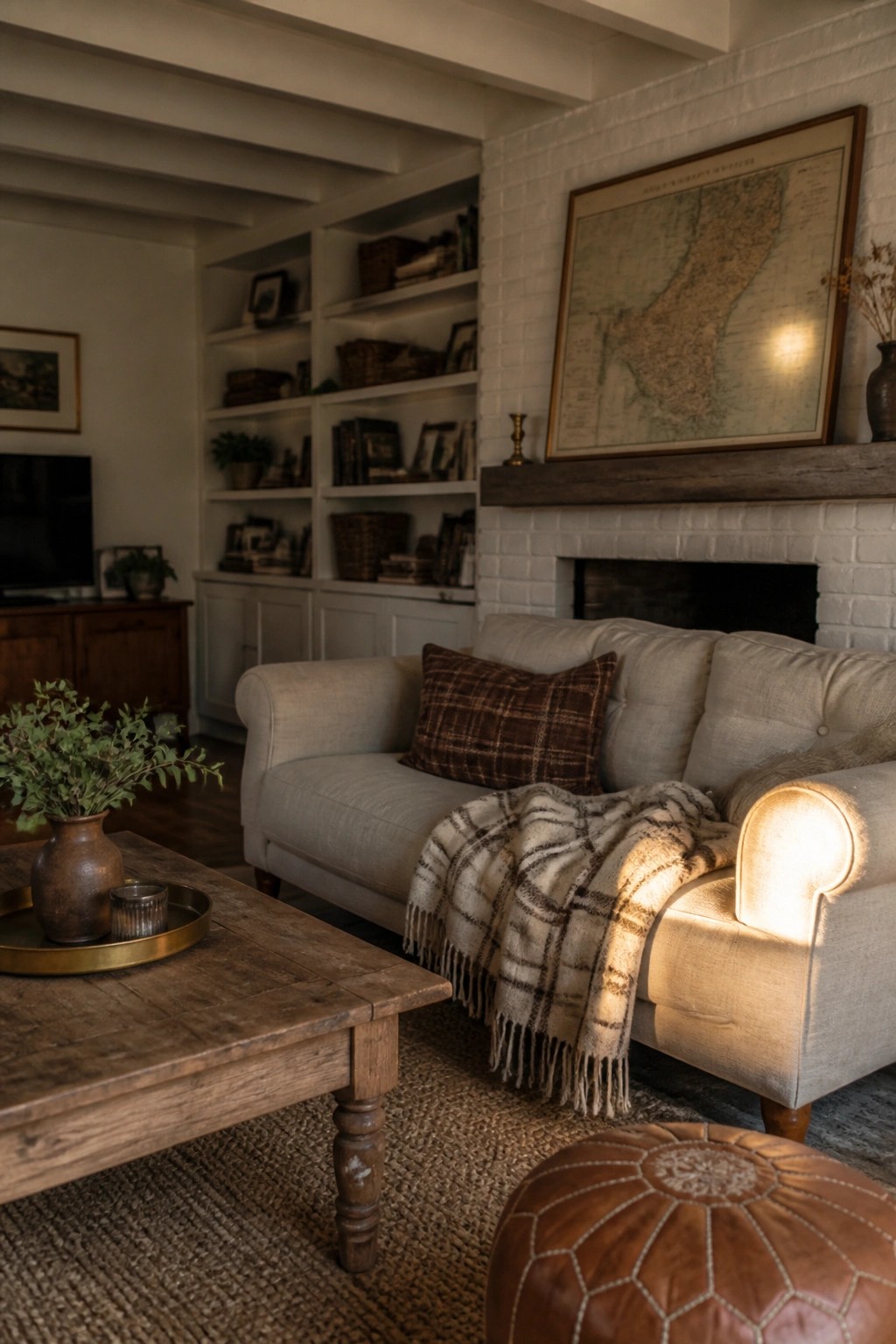 Cozy beige sofa with plaid throw beside wooden table in brick fireplace room