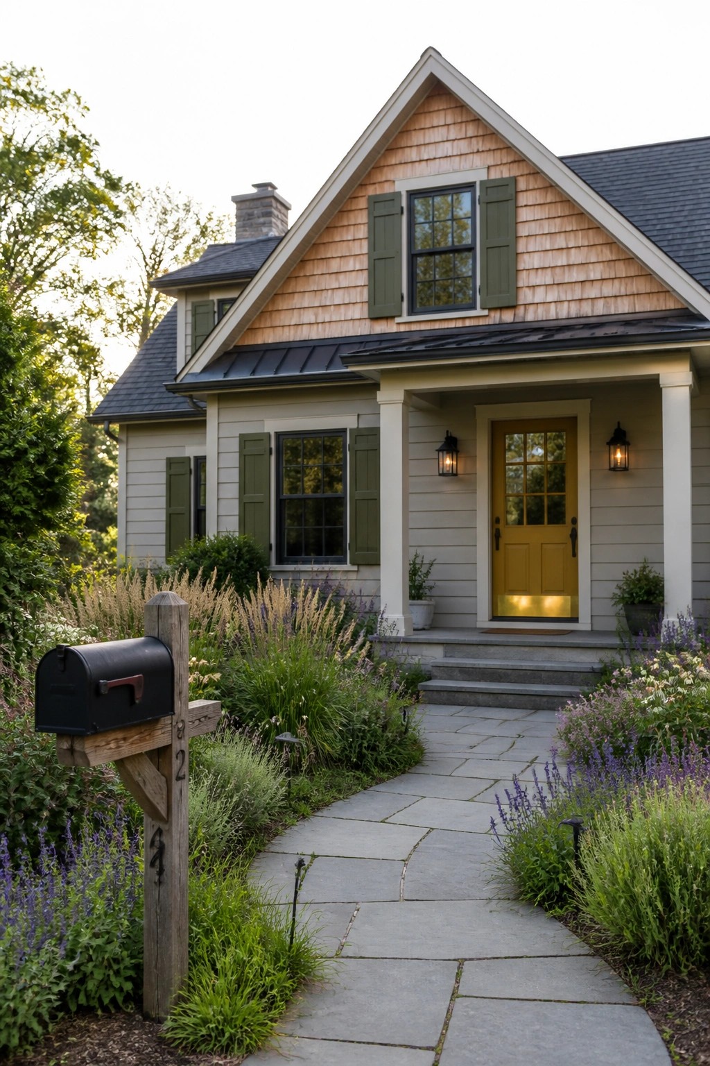 A two-story house with light siding, green shutters, a yellow front door, and a stone pathway leading to the entrance.