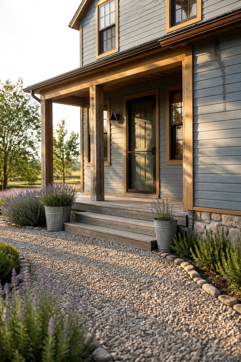 A two-story house with blue-gray siding, natural wood porch posts, a green front door, and gravel landscaping with potted plants.